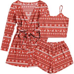 Ekouaer Pajamas for Women Set 3 Piece Lounge Set Soft Pajama Sets Waffle Knit Tank Top and Shorts Cardigan with Pockets S-XXL(Red Christmas Pattern)
