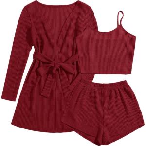 Ekouaer Pajamas for Women Set 3 Piece Lounge Set Soft Pajama Sets Waffle Knit Tank Top and Shorts Cardigan with Pockets S-XXL(Wine Red)