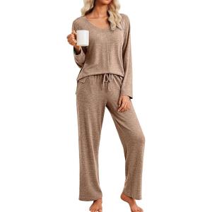 Ekouaer Pajamas for Women Set Long Sleeve 2 Piece Lounge Sets V Neck Matching Pjs Soft Sleepwear Fall Winter S-XXL(Brown)
