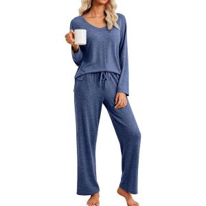 Ekouaer Pajamas for Women Set Long Sleeve 2 Piece Lounge Sets V Neck Matching Pjs Soft Sleepwear Fall Winter S-XXL(Dark Navy)
