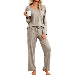 Ekouaer Pajamas for Women Set Long Sleeve 2 Piece Lounge Sets V Neck Matching Pjs Soft Sleepwear Fall Winter S-XXL(Khaki)