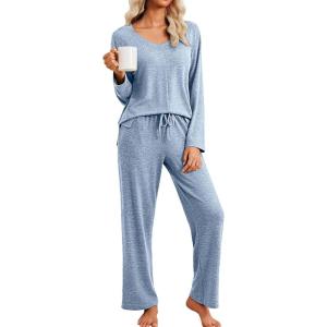 Ekouaer Pajamas for Women Set Long Sleeve 2 Piece Lounge Sets V Neck Matching Pjs Soft Sleepwear Fall Winter S-XXL(Light Blue)