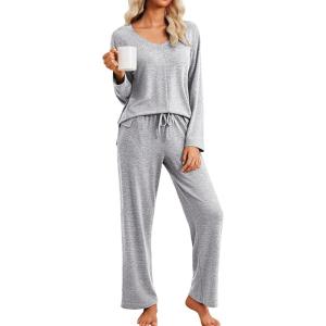 Ekouaer Pajamas for Women Set Long Sleeve 2 Piece Lounge Sets V Neck Matching Pjs Soft Sleepwear Fall Winter S-XXL(Light Grey)