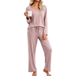 Ekouaer Pajamas for Women Set Long Sleeve 2 Piece Lounge Sets V Neck Matching Pjs Soft Sleepwear Fall Winter S-XXL(Pink)