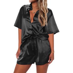 Ekouaer Pajamas for Women Silk Satin Pjs Soft Sleepwear Short Sleeve Button Down Pjs Top and Shorts 2 Piece Lounge Set S-XXL(Black)