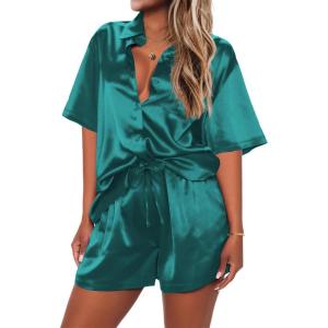 Ekouaer Pajamas for Women Silk Satin Pjs Soft Sleepwear Short Sleeve Button Down Pjs Top and Shorts 2 Piece Lounge Set S-XXL(Blue Green)