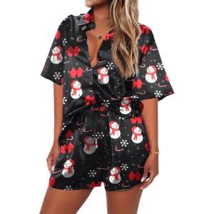 Ekouaer Pajamas for Women Silk Satin Pjs Soft Sleepwear Short Sleeve Button Down Pjs Top and Shorts 2 Piece Lounge Set S-XXL(Christmas Black)