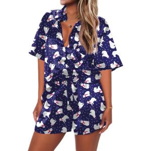 Ekouaer Pajamas for Women Silk Satin Pjs Soft Sleepwear Short Sleeve Button Down Pjs Top and Shorts 2 Piece Lounge Set S-XXL(Christmas Navy)