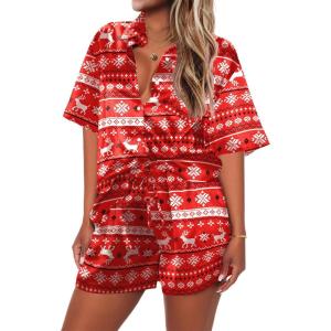 Ekouaer Pajamas for Women Silk Satin Pjs Soft Sleepwear Short Sleeve Button Down Pjs Top and Shorts 2 Piece Lounge Set S-XXL(Christmas Red)