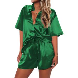Ekouaer Pajamas for Women Silk Satin Pjs Soft Sleepwear Short Sleeve Button Down Pjs Top and Shorts 2 Piece Lounge Set S-XXL(Dark Green)