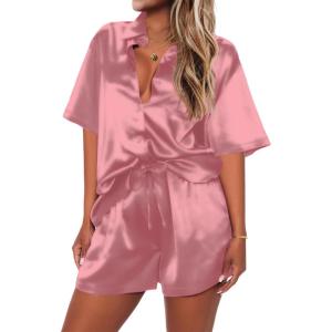 Ekouaer Pajamas for Women Silk Satin Pjs Soft Sleepwear Short Sleeve Button Down Pjs Top and Shorts 2 Piece Lounge Set S-XXL(Dark Pink)