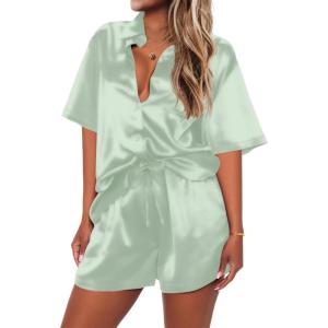 Ekouaer Pajamas for Women Silk Satin Pjs Soft Sleepwear Short Sleeve Button Down Pjs Top and Shorts 2 Piece Lounge Set S-XXL(Light Green)