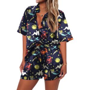 Ekouaer Pajamas for Women Silk Satin Pjs Soft Sleepwear Short Sleeve Button Down Pjs Top and Shorts 2 Piece Lounge Set S-XXL(Mermaid)