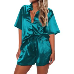 Ekouaer Pajamas for Women Silk Satin Pjs Soft Sleepwear Short Sleeve Button Down Pjs Top and Shorts 2 Piece Lounge Set S-XXL(Peacock Blue)