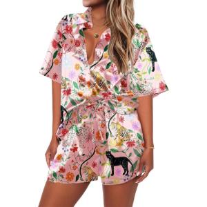 Ekouaer Pajamas for Women Silk Satin Pjs Soft Sleepwear Short Sleeve Button Down Pjs Top and Shorts 2 Piece Lounge Set S-XXL(Tiger Print)