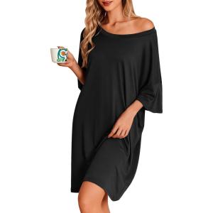 Ekouaer Plus Size Nightgowns for Women Bamboo Viscose Sleepshirts Short Sleeve Nightshirt Oversized Sleepwear Sleepdress(Black)