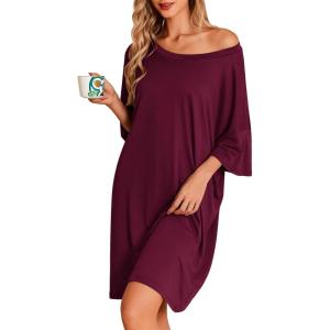 Ekouaer Plus Size Nightgowns for Women Bamboo Viscose Sleepshirts Short Sleeve Nightshirt Oversized Sleepwear Sleepdress(Dark Red)