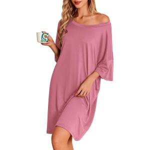 Ekouaer Plus Size Nightgowns for Women Bamboo Viscose Sleepshirts Short Sleeve Nightshirt Oversized Sleepwear Sleepdress(Grey Purple)