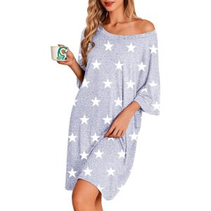 Ekouaer Plus Size Nightgowns for Women Bamboo Viscose Sleepshirts Short Sleeve Nightshirt Oversized Sleepwear Sleepdress(Grey White Stars)