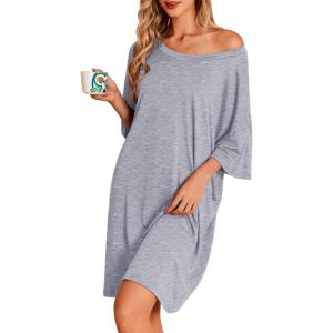 Ekouaer Plus Size Nightgowns for Women Bamboo Viscose Sleepshirts Short Sleeve Nightshirt Oversized Sleepwear Sleepdress(Light Grey)