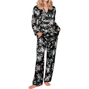 Ekouaer Silk Pajamas for Women Button Down Satin Pj Set Soft Long Sleeve 2 Piece Sleepwear Loungewear S-XXL(Black With Pink Flowers)