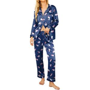 Ekouaer Silk Pajamas for Women Button Down Satin Pj Set Soft Long Sleeve 2 Piece Sleepwear Loungewear S-XXL(Blue With Polar Bear)