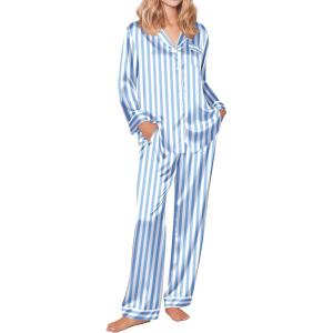 Ekouaer Silk Pajamas for Women Button Down Satin Pj Set Soft Long Sleeve 2 Piece Sleepwear Loungewear S-XXL(Blue-white Stripes)