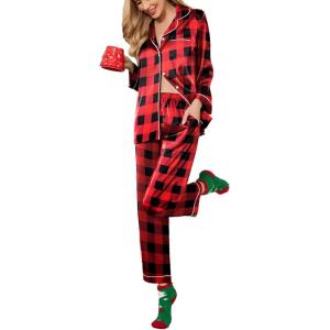 Ekouaer Silk Pajamas for Women Button Down Satin Pj Set Soft Long Sleeve 2 Piece Sleepwear Loungewear S-XXL(Christmas Red Plaid)