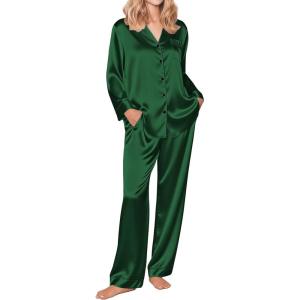 Ekouaer Silk Pajamas for Women Button Down Satin Pj Set Soft Long Sleeve 2 Piece Sleepwear Loungewear S-XXL(Dark Green)