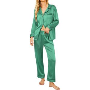 Ekouaer Silk Pajamas for Women Button Down Satin Pj Set Soft Long Sleeve 2 Piece Sleepwear Loungewear S-XXL(Light Sea Green)