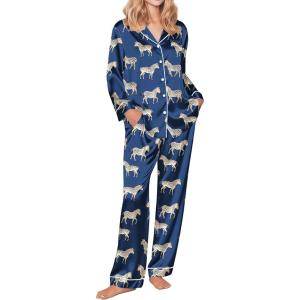 Ekouaer Silk Pajamas for Women Button Down Satin Pj Set Soft Long Sleeve 2 Piece Sleepwear Loungewear S-XXL(Navy Zebra)