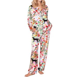 Ekouaer Silk Pajamas for Women Button Down Satin Pj Set Soft Long Sleeve 2 Piece Sleepwear Loungewear S-XXL(Pink Cartoon Pattern)
