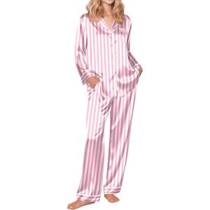 Ekouaer Silk Pajamas for Women Button Down Satin Pj Set Soft Long Sleeve 2 Piece Sleepwear Loungewear S-XXL(Pink Striped)