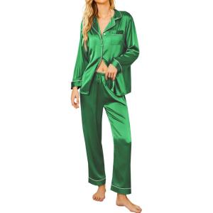 Ekouaer Silk Pajamas for Women Button Down Satin Pj Set Soft Long Sleeve 2 Piece Sleepwear Loungewear S-XXL(Shamrock Green)