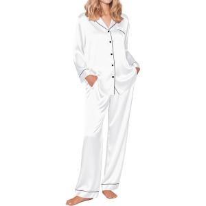 Ekouaer Silk Pajamas for Women Button Down Satin Pj Set Soft Long Sleeve 2 Piece Sleepwear Loungewear S-XXL(White)