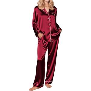 Ekouaer Silk Pajamas for Women Button Down Satin Pj Set Soft Long Sleeve 2 Piece Sleepwear Loungewear S-XXL(Wine)