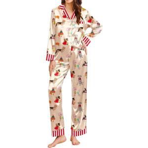 Ekouaer Silk Pajamas for Women Long Sleeve Satin Pajama Set Silky Pj Sets 2 Piece Button Down Loungewear Sleepwear(Animal Different Dogs)