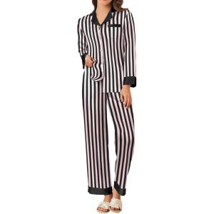 Ekouaer Silk Pajamas for Women Long Sleeve Satin Pajama Set Silky Pj Sets 2 Piece Button Down Loungewear Sleepwear(Black Pink Stripes)