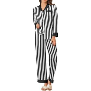 Ekouaer Silk Pajamas for Women Long Sleeve Satin Pajama Set Silky Pj Sets 2 Piece Button Down Loungewear Sleepwear(Black Stripes)