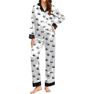 Ekouaer Silk Pajamas for Women Long Sleeve Satin Pajama Set Silky Pj Sets 2 Piece Button Down Loungewear Sleepwear(Cute Panda Print)