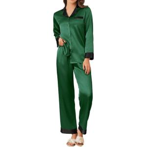Ekouaer Silk Pajamas for Women Long Sleeve Satin Pajama Set Silky Pj Sets 2 Piece Button Down Loungewear Sleepwear(Dark Green)