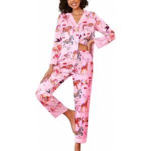 Ekouaer Silk Pajamas for Women Long Sleeve Satin Pajama Set Silky Pj Sets 2 Piece Button Down Loungewear Sleepwear(Funny Animals-tiger、zebra、giraffe)