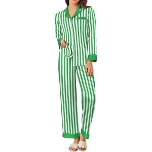 Ekouaer Silk Pajamas for Women Long Sleeve Satin Pajama Set Silky Pj Sets 2 Piece Button Down Loungewear Sleepwear(Green Stripes)