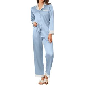 Ekouaer Silk Pajamas for Women Long Sleeve Satin Pajama Set Silky Pj Sets 2 Piece Button Down Loungewear Sleepwear(Light Blue)