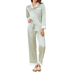 Ekouaer Silk Pajamas for Women Long Sleeve Satin Pajama Set Silky Pj Sets 2 Piece Button Down Loungewear Sleepwear(Light Green)