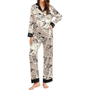 Ekouaer Silk Pajamas for Women Long Sleeve Satin Pajama Set Silky Pj Sets 2 Piece Button Down Loungewear Sleepwear(Line Art Cat and Fishbone)