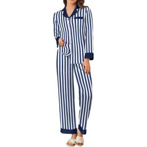 Ekouaer Silk Pajamas for Women Long Sleeve Satin Pajama Set Silky Pj Sets 2 Piece Button Down Loungewear Sleepwear(Navy Blue Stripes)