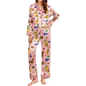 Ekouaer Silk Pajamas for Women Long Sleeve Satin Pajama Set Silky Pj Sets 2 Piece Button Down Loungewear Sleepwear(Pink Fruit Puppy-pineapple、grape and Banana)