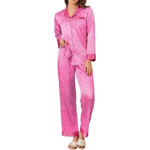 Ekouaer Silk Pajamas for Women Long Sleeve Satin Pajama Set Silky Pj Sets 2 Piece Button Down Loungewear Sleepwear(Pink Leopard)