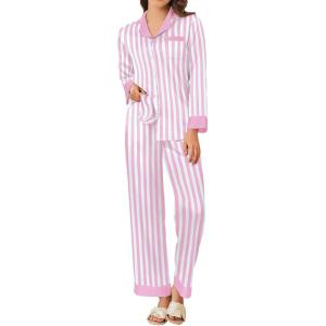 Ekouaer Silk Pajamas for Women Long Sleeve Satin Pajama Set Silky Pj Sets 2 Piece Button Down Loungewear Sleepwear(Pink Stripes)